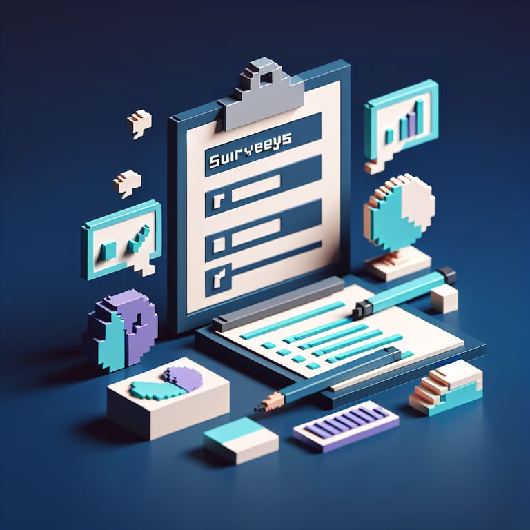 3D voxel art depicting online psychological health surveys on a dark blue background.