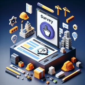 3D voxel art depicting online surveys, with a dark blue background, relevant to construction companies.