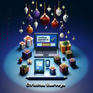 3D voxel art depicting online Christmas surveys with a dark blue background.
