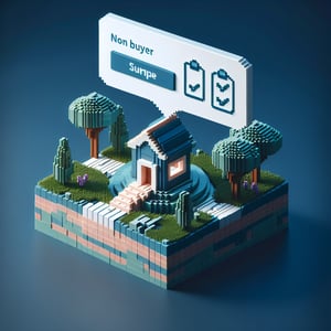 3D voxel art depicting online non-buyer surveys on a dark blue background.