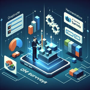 3D voxel art depicting online IT service surveys, with a dark blue background.