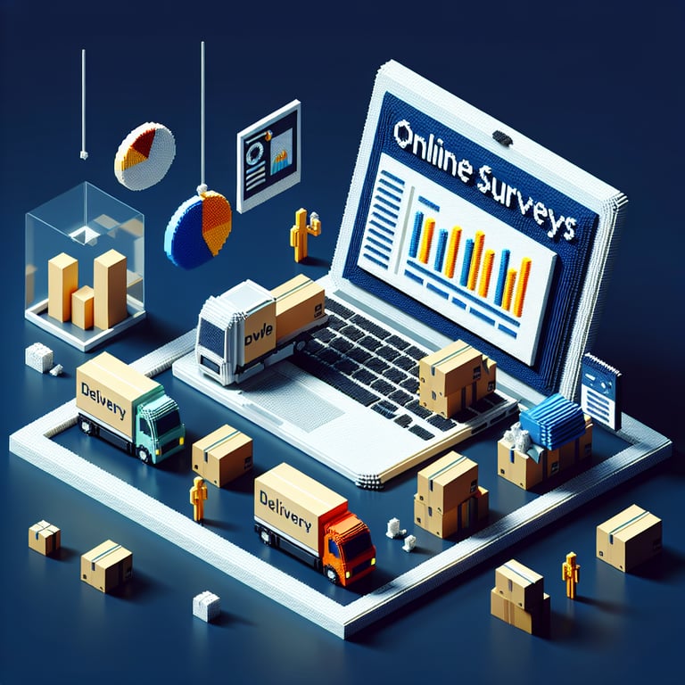 3D voxel art depicting online surveys, set against a dark blue background, for a delivery company employee survey.