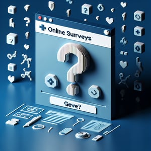 3D voxel art depicting online HIV survey questions against a dark blue background.