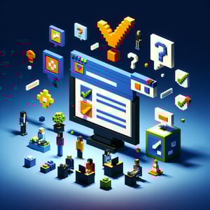 3D voxel art depicting online event planning surveys against a dark blue background.