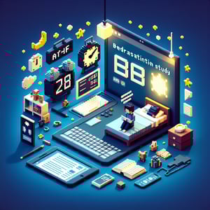 3D voxel art depicting online surveys on a dark blue background, symbolizing bedtime procrastination study.