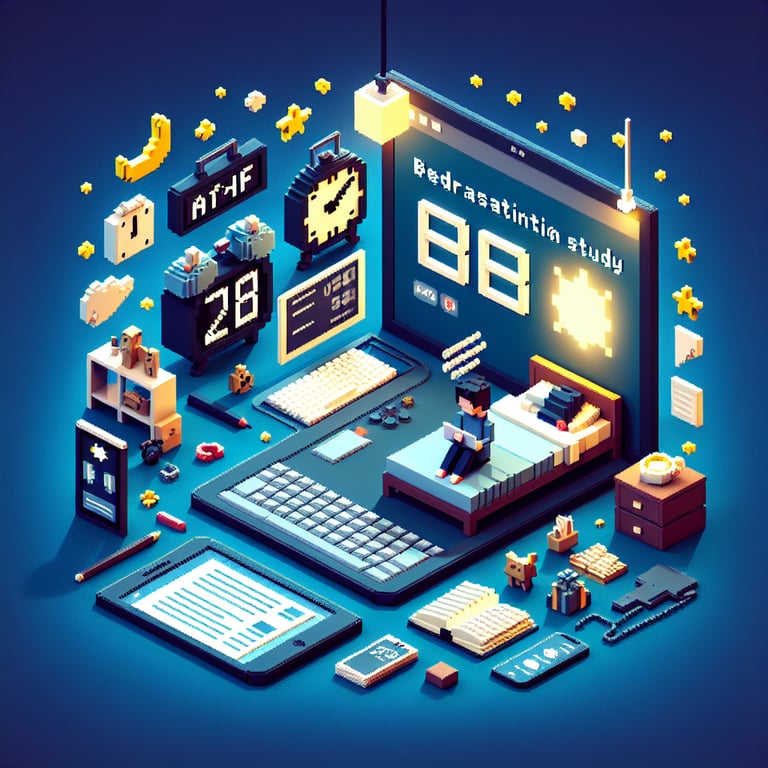 3D voxel art depicting online surveys on a dark blue background, symbolizing bedtime procrastination study.