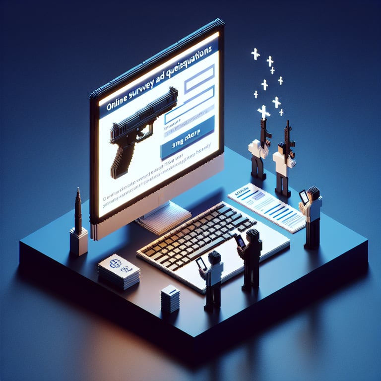 Artistic 3D voxel rendering of a firearm survey interface