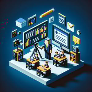 3D voxel art depicting online surveys with a dark blue background, conveying effective communication.