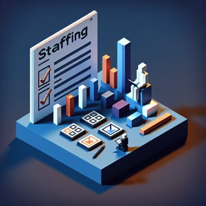 3D voxel art depicting online staffing survey process on a dark blue background.