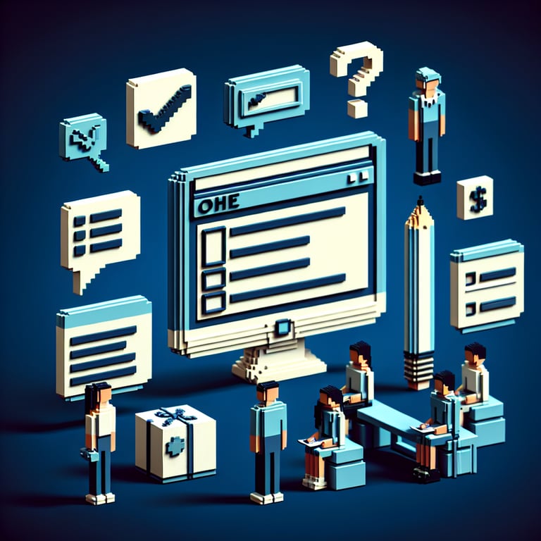 3D voxel art depicting the concept of fun online high school surveys on a dark blue background.