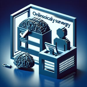 3D voxel art depicting online psychological surveys against a dark blue background.