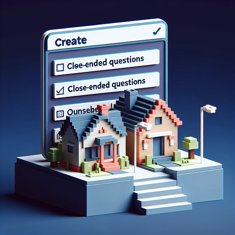 3D voxel art depicting online surveys with a dark blue background, symbolizing close-end household survey questions.
