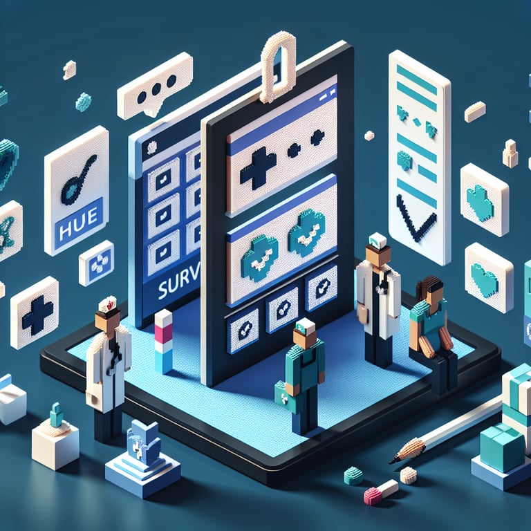 Vibrant 3D voxel design depicting health services access questionnaire