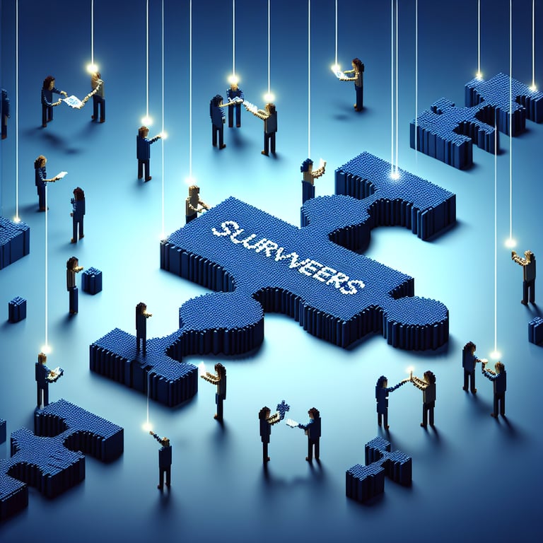 3D voxel design illustrating online team collaboration survey dynamics