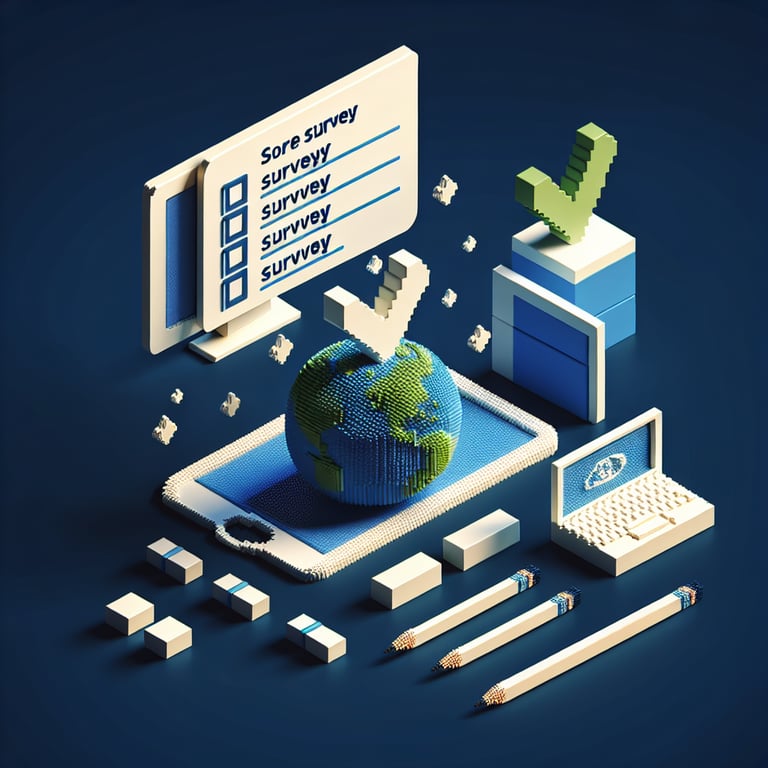 Colorful 3D voxel graphic depicting climate questionnaire elements