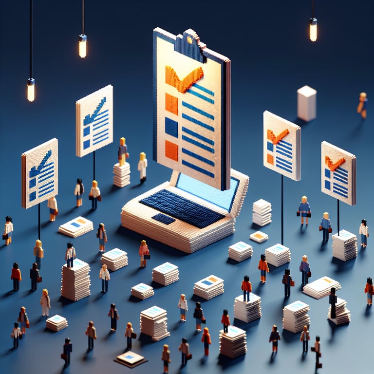 3D voxel art depicting online surveys, ideal for a school staff survey sample. Dark blue background.