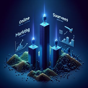3D voxel art depicting online surveys with a dark blue background, representing SEO marketing sample surveys.
