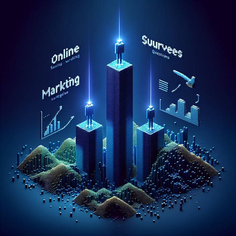 3D voxel art depicting online surveys with a dark blue background, representing SEO marketing sample surveys.