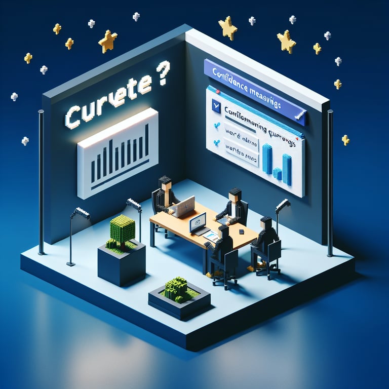 3D voxel art depicting the concept of confidence-based online surveys on a dark blue background.