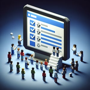 3D voxel art depicting online customer feedback surveys on a dark blue background.