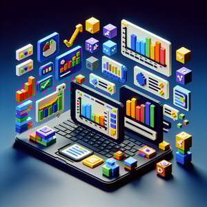 3D voxel art depicting online surveys against a dark blue background, symbolizing ad effectiveness survey questions.