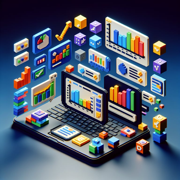 3D voxel art depicting online surveys against a dark blue background, symbolizing ad effectiveness survey questions.