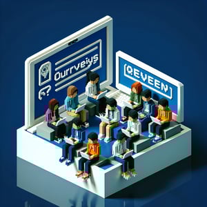 3D voxel art depicting online surveys, tailored to high school students, against a dark blue background.