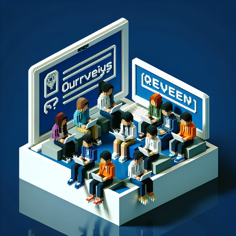 3D voxel art depicting online surveys, tailored to high school students, against a dark blue background.
