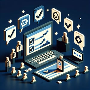 3D voxel art depicting online employee satisfaction survey questions on a dark blue background.