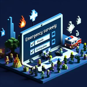 3D voxel art depicting online emergency preparedness survey concept on a dark blue background.
