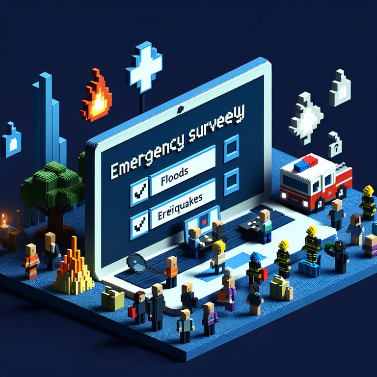 Artistic 3D voxel of an emergency readiness questionnaire in a dark blue setting.