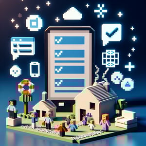 3D voxel art depicting online family life survey questions on a dark blue background.