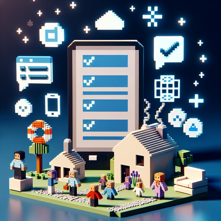3D voxel art depicting online family life survey questions on a dark blue background.
