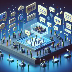 3D voxel art depicting online group chat surveys with a dark blue background.