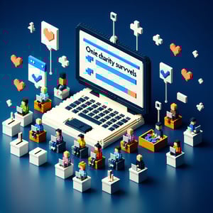 3D voxel art depicting online charity surveys on a dark blue background.