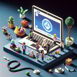 3D voxel art depicting online health interview surveys with a dark blue background.