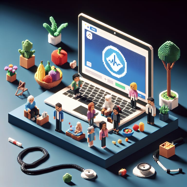 3D voxel art depicting online health interview surveys with a dark blue background.