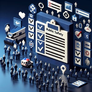 3D voxel art depicting online public safety surveys on a dark blue background.