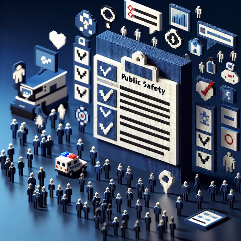 3D voxel art depicting online public safety surveys on a dark blue background.