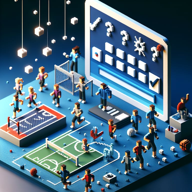 3D voxel art depicting an online survey concept, themed around physical activity among college students.