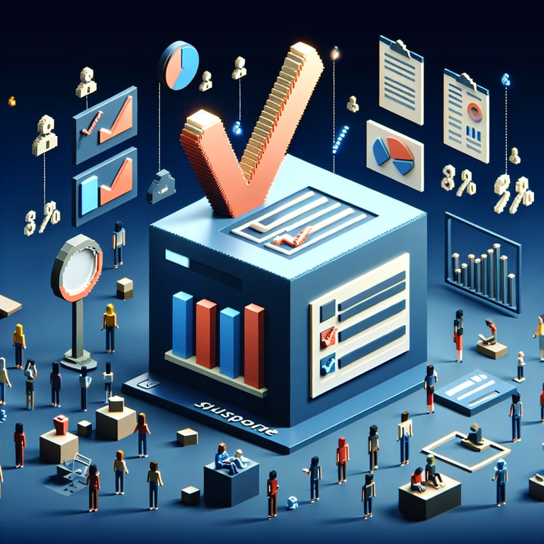 3D voxel art depicting the concept of effective communication in online surveys on a dark blue background.