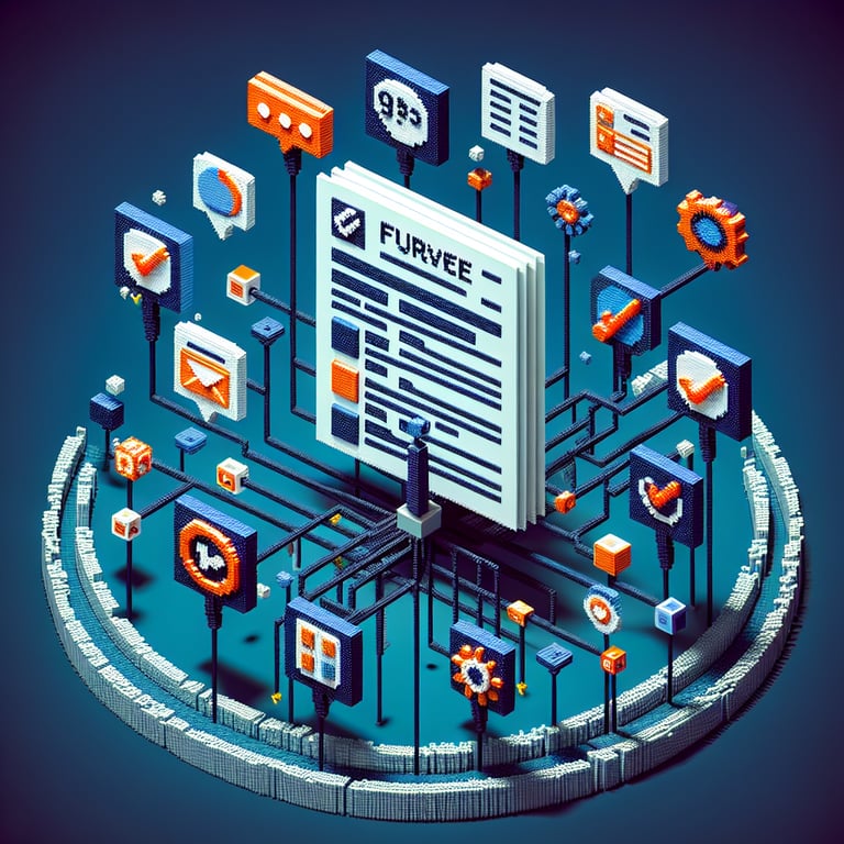 3D voxel art illustrating online surveys on fake news against a dark blue background.