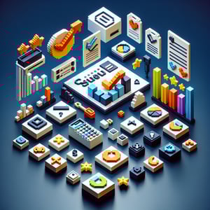 3D voxel art depicting online customer loyalty program surveys on a dark blue background.
