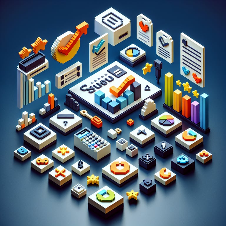 3D voxel art depicting online customer loyalty program surveys on a dark blue background.