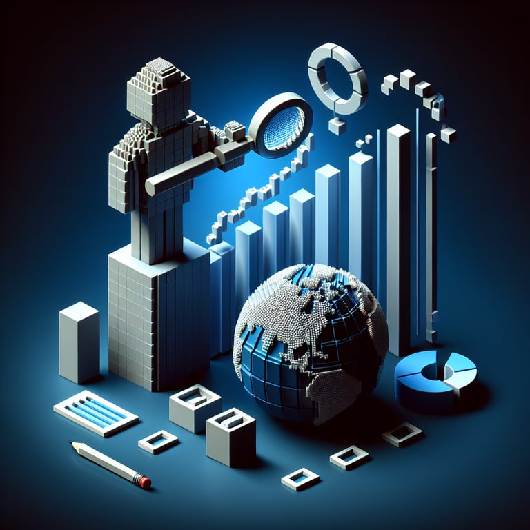 3D voxel art depicting online race survey concept on a dark blue background.