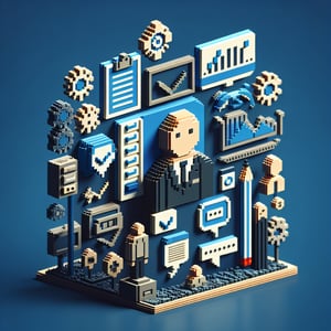 3D voxel art depicting online employee surveys with a supervisor, set against a dark blue background.