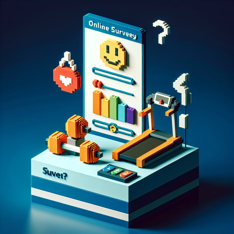 3D voxel art depicting an online gym satisfaction survey, set against a dark blue background.