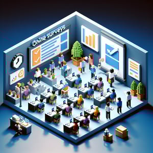 3D voxel art depicting online surveys, suitable for workshop feedback survey landing page, with a dark blue background.