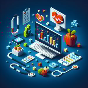 3D voxel art depicting the concept of online health surveys on a dark blue background.