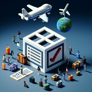 3D voxel art depicting online post travel survey concept on a dark blue background.